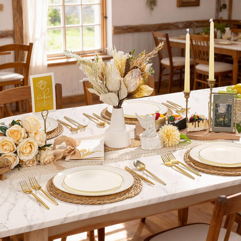 I00000 150Pcs Ivory Plastic Plates with Gold Rim,Nice Disposable plates,Gold Plastic Plates,Ivory Disposable Plates Set include 30 Dinner Plate,30 Dessert Plate,90 plastic Silverware Set for Party - Image 5