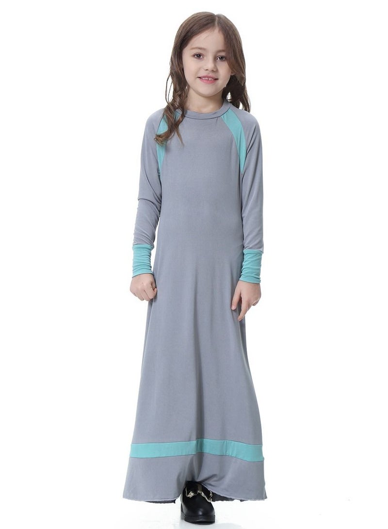 إسكدنيا Girls Round Neck Maxi Dress With Long Sleeves Grey/Blue  - Image 1