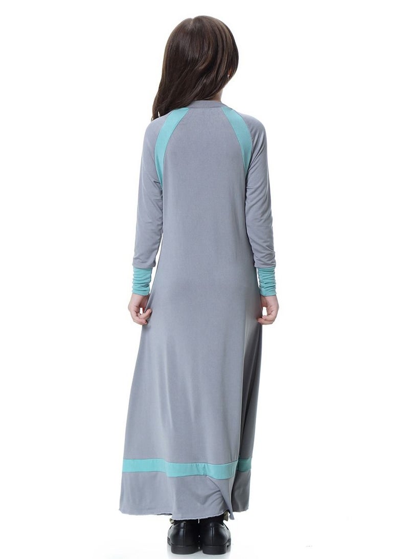 إسكدنيا Girls Round Neck Maxi Dress With Long Sleeves Grey/Blue  - Image 2