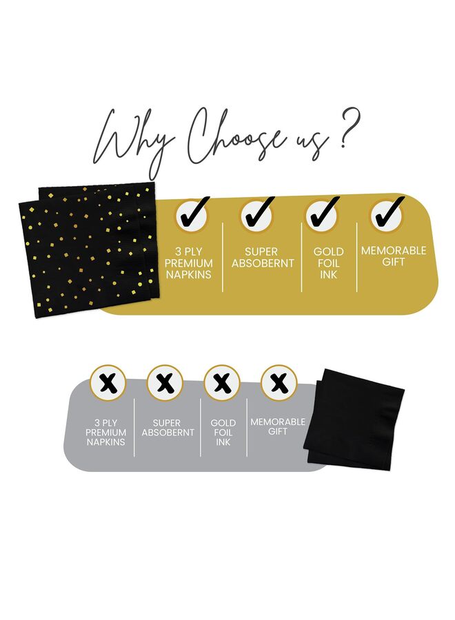 يُسلِّم متجر وايت شوب، 100 منديل ورقي للاستخدام مرة واحدة، منقطة باللونين الأسود والذهبي، لحفلات العشاء والنزهات والكوكتيل وأعياد الميلاد، مستلزمات الزينة، 5 × 5 بوصات - Image 4