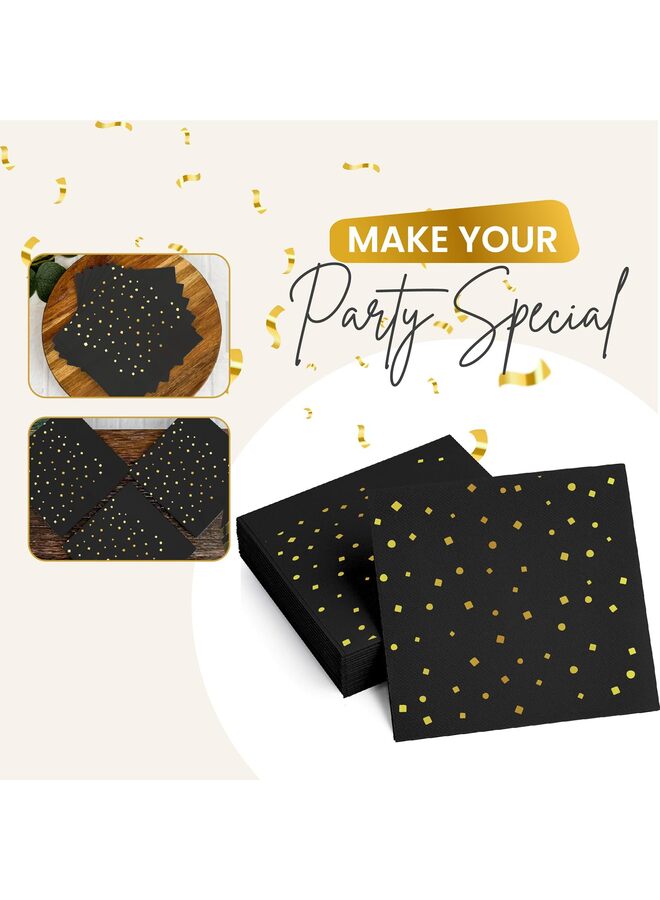 يُسلِّم متجر وايت شوب، 100 منديل ورقي للاستخدام مرة واحدة، منقطة باللونين الأسود والذهبي، لحفلات العشاء والنزهات والكوكتيل وأعياد الميلاد، مستلزمات الزينة، 5 × 5 بوصات - Image 2