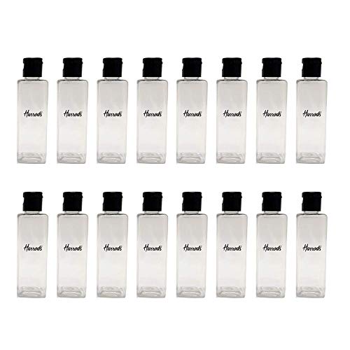 HARRODS Empty Square Clear Plastic Bottles 100ml (Pack of 16) - Refillable Travel Size Cosmetic Travelling Containers Small Leak Proof Squeeze Bottles with Black Flip Cap for Toiletries, Shampoo - Image 1