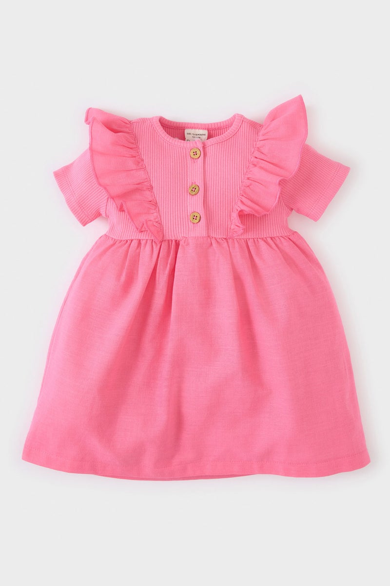 ديفاكتو فستان بناتي مضلع قصة عادية نص كم بياقة مستديرة - Image 1