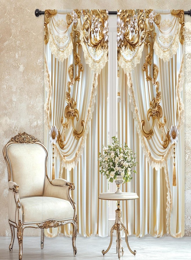 Riyidecor White Gold Golden Curtains Vintage Elegant Luxury (no Tassel) European Rod Pocket Women Girls Gorly Modern Bedroom Living Room Treatment Fabric 2 Panels 52Wx84H Inch - Image 2