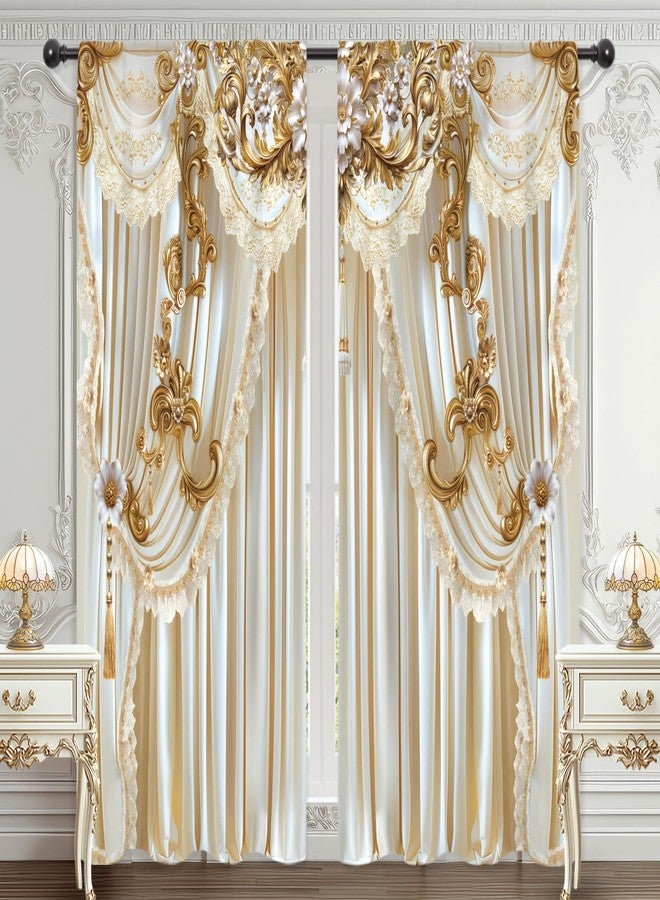 Riyidecor White Gold Golden Curtains Vintage Elegant Luxury (no Tassel) European Rod Pocket Women Girls Gorly Modern Bedroom Living Room Treatment Fabric 2 Panels 52Wx84H Inch - Image 1