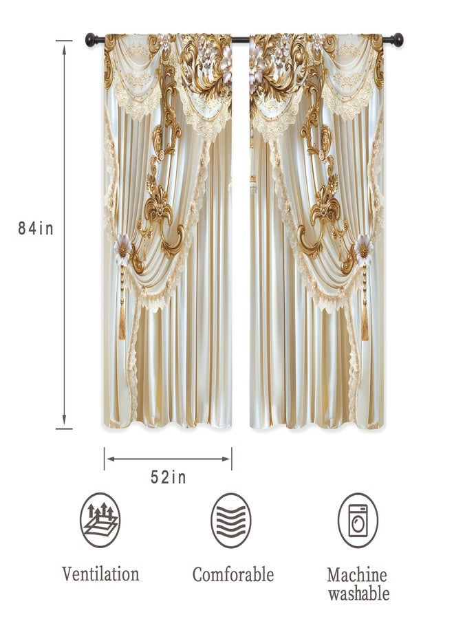 Riyidecor White Gold Golden Curtains Vintage Elegant Luxury (no Tassel) European Rod Pocket Women Girls Gorly Modern Bedroom Living Room Treatment Fabric 2 Panels 52Wx84H Inch - Image 3