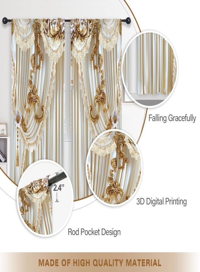 Riyidecor White Gold Golden Curtains Vintage Elegant Luxury (no Tassel) European Rod Pocket Women Girls Gorly Modern Bedroom Living Room Treatment Fabric 2 Panels 52Wx84H Inch - Image 4