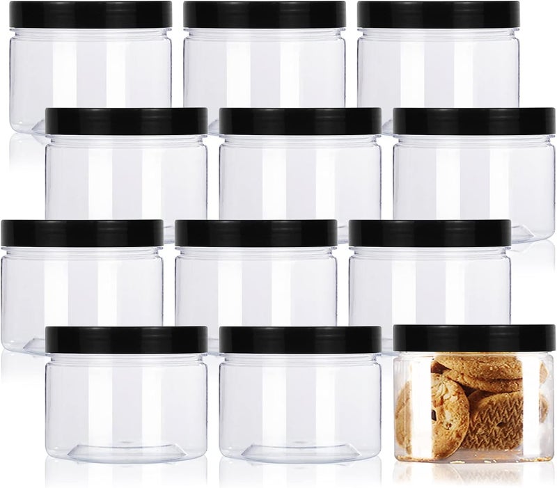 Lainrrew 12 Pcs 8oz Plastic Jars with Lids, Clear Plastic Slime Containers Plastic Round Storage Jars Container Wide Opening Storage Jars for Kitchen, Home, Crafts Storage - Image 1