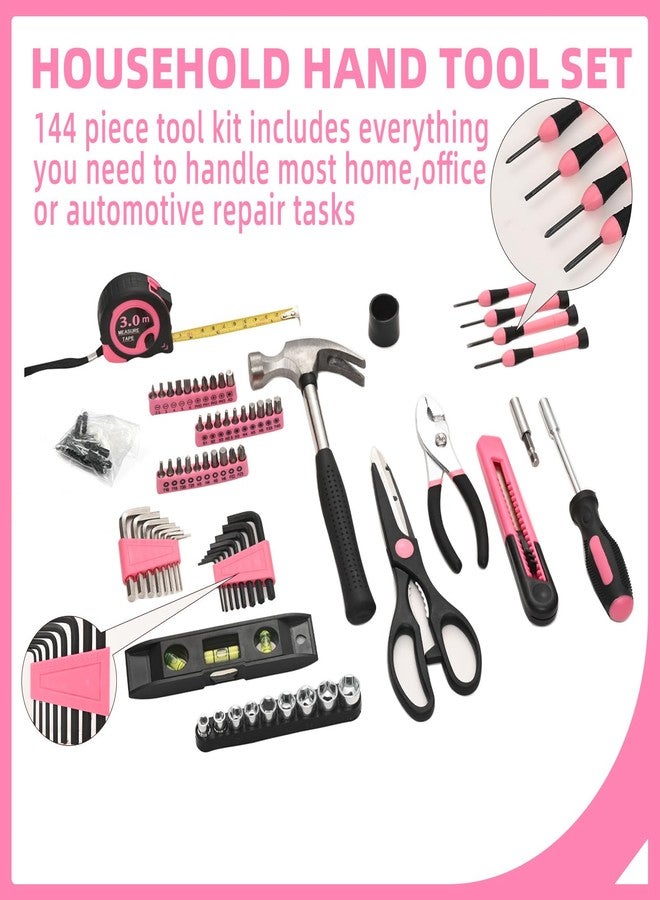 GETFOO 144-Piece Pink Tool Kit Basic Home Repair Tool Set General Household Hand Tool Kit Small Tool Kit with Plastic Toolbox Mini Tool kit for Women, Office & College Repairs - Image 3