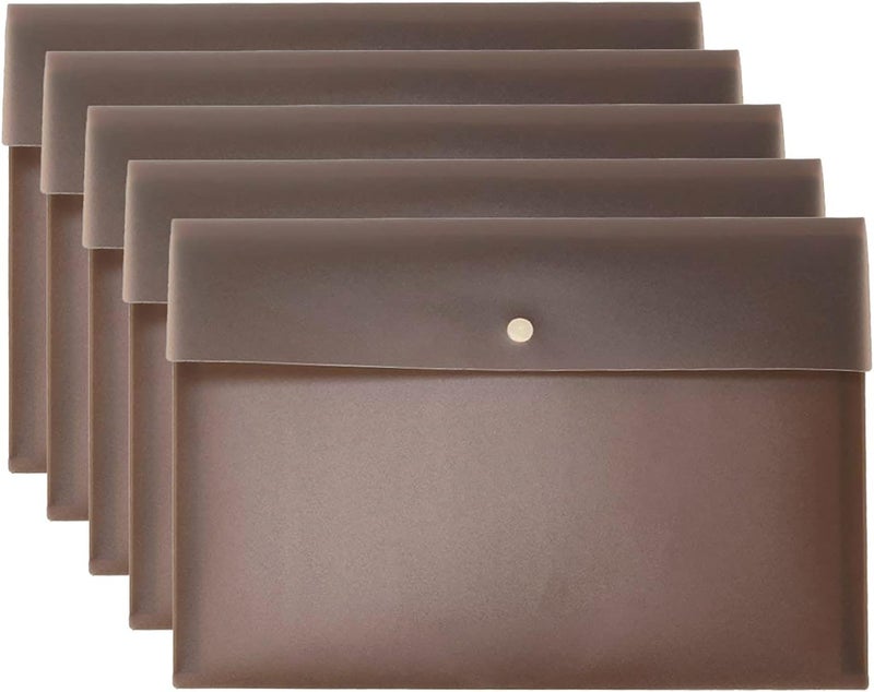 VANRA Poly File Folder Pockets File Jacket Plastic Envelope Flat Document Letter Organizer with Snap Button Closure A4 Letter Size (Pack of 5, Brown) - Image 1