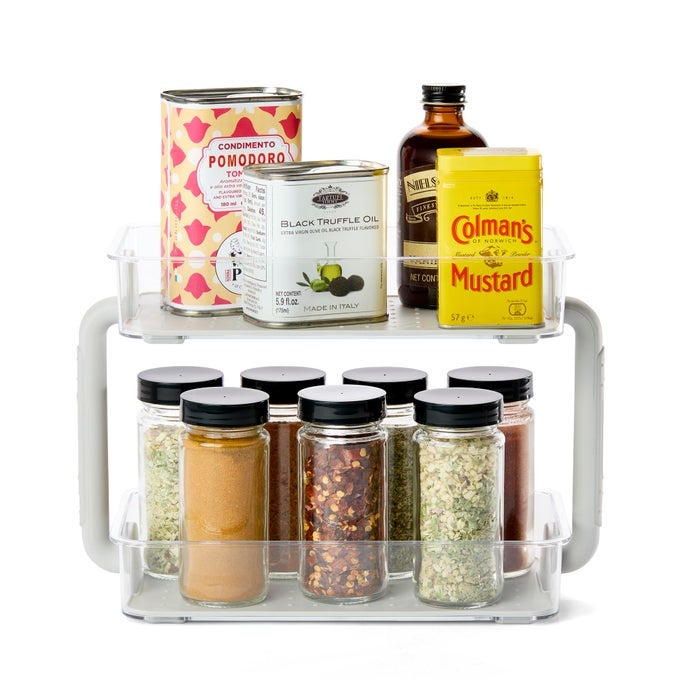 TWO LEVEL SPICE ORGANIZERCABINET COLLECTION MAXIMIZES VERTICAL SPACE REMOVABLE SOFTGRIP LINING DUAL HANDLES BPAFREE SMALL GREY