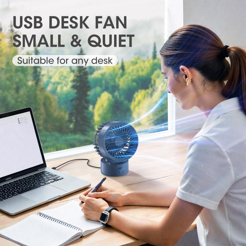 KinYiLO USB Desk Fan Small Quiet, Stepless Speed Flexible Adjust Mini Fans for Home Office Dorm Desktop, Portable Travel Fan Personal Cooling, Plug In USB Powered, Blue - Image 2