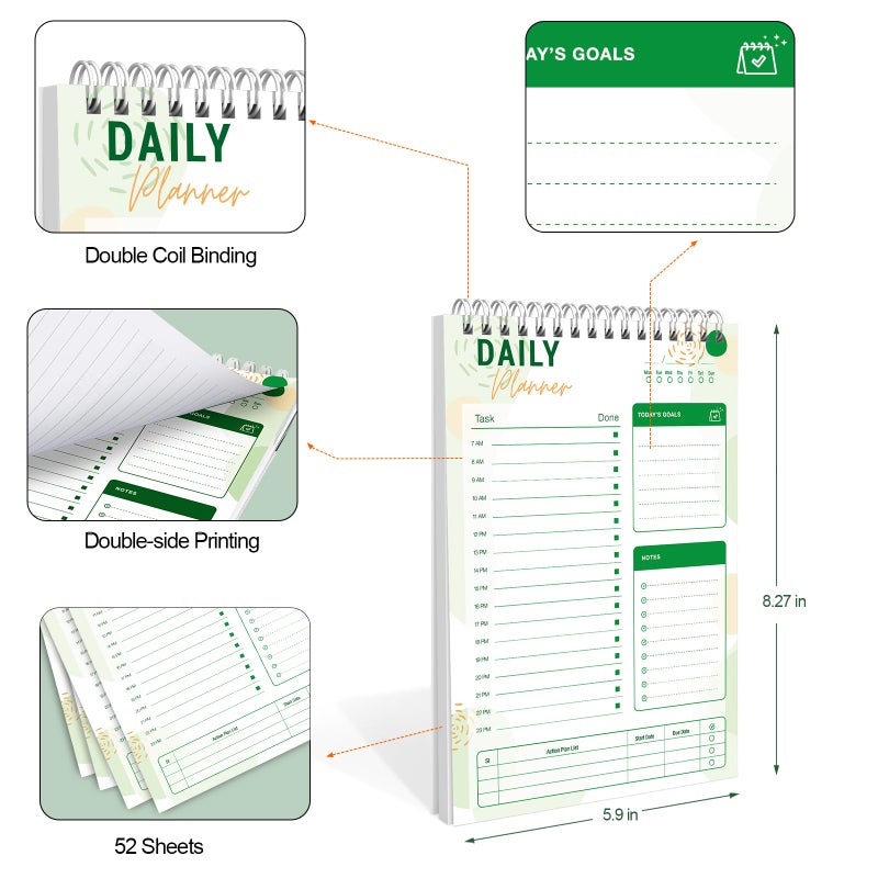 CHARMGIFTBOX To Do List Notebook Daily Planner A5 CheckList Pad 52 Sheets, 5.9" x 8.2" Daily Schedule Goal and Tasks Setting Notepad Productivity Planner, Spiral Appointment Organizers, A5-LG - Image 4