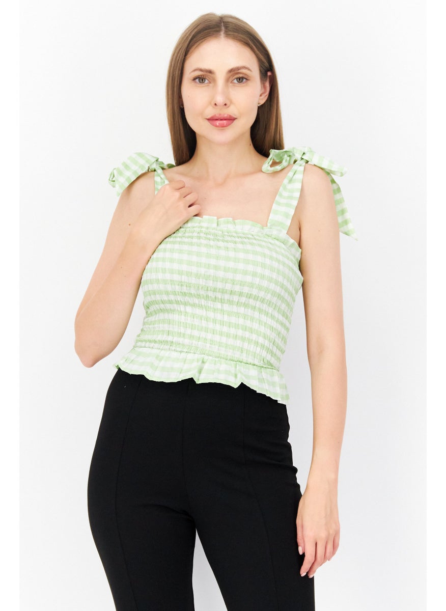 TOPSHOP Women Square Neck Sleeveless Gingham Crop Top, Green  - Image 1