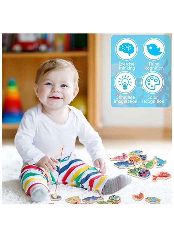 SYOSI Magnetic Fishing Game, 15 Pcs Wooden Fish Educational Toys, Assorted Magnet Fishing Game Ocean Animal Games Learning Games Magnetic Toy with Fish Rod, for Parent-child Game Kindergarten Fishing Toy - Image 5