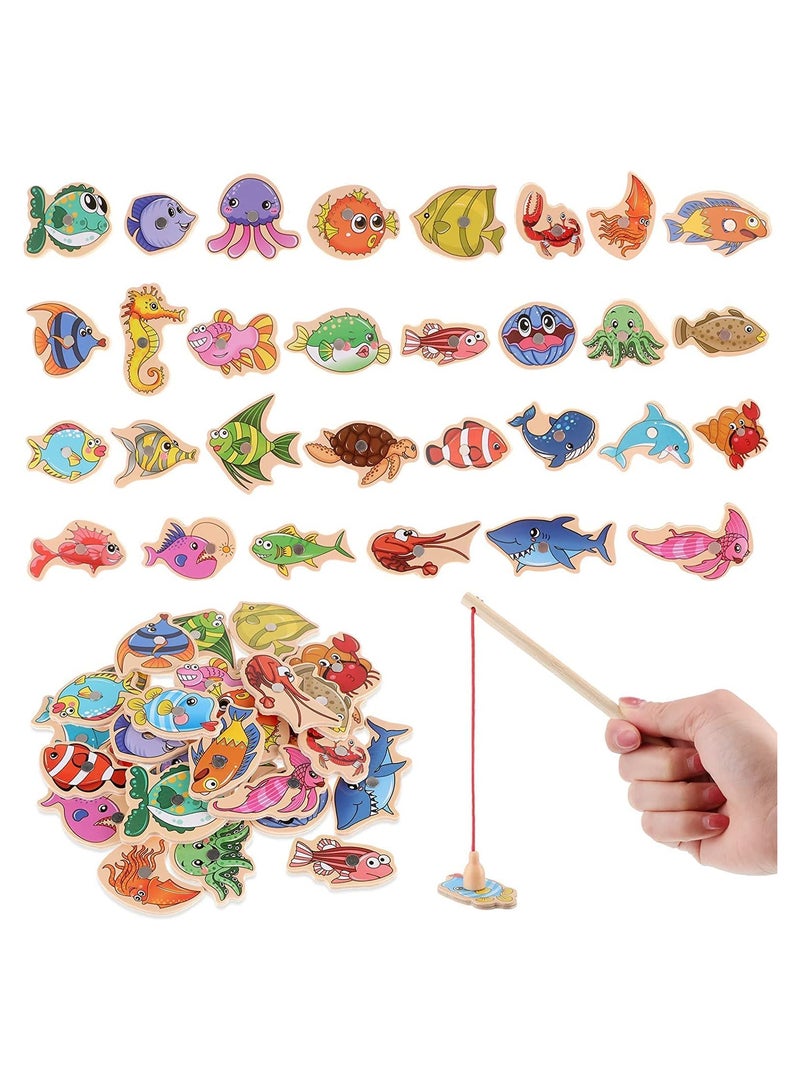 SYOSI Magnetic Fishing Game, 15 Pcs Wooden Fish Educational Toys, Assorted Magnet Fishing Game Ocean Animal Games Learning Games Magnetic Toy with Fish Rod, for Parent-child Game Kindergarten Fishing Toy - Image 4