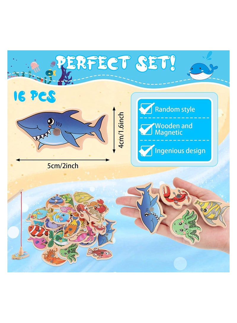 SYOSI Magnetic Fishing Game, 15 Pcs Wooden Fish Educational Toys, Assorted Magnet Fishing Game Ocean Animal Games Learning Games Magnetic Toy with Fish Rod, for Parent-child Game Kindergarten Fishing Toy - Image 2