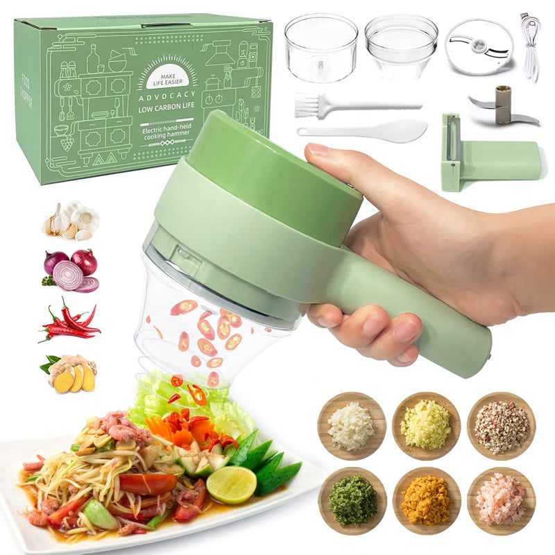 4 in 1 Handheld Electric Vegetable Cutter Set, Portable Mini Wireless Food Processor with Brush, Gatling Vegetable Cutter Electric Garlic Chopper for Garlic Pepper Chili Onion Celery Ginger Meat