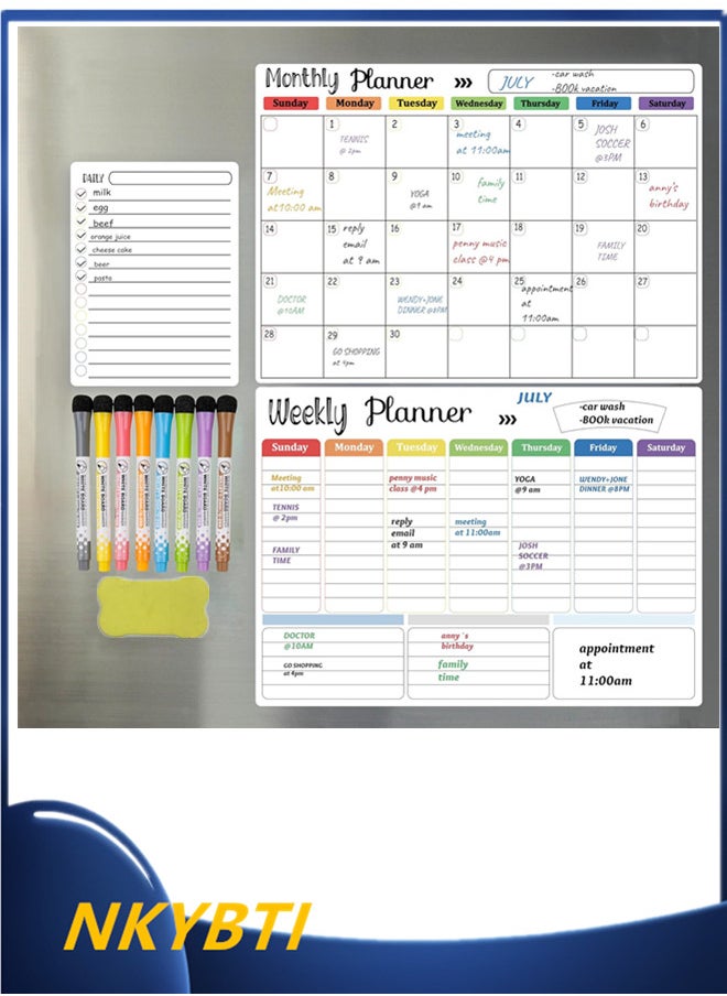 NKYBTI - Magnetic Calendar Bundle:Dry Erase Calendar Whiteboard Set (3-Pack) for Refrigerator, Wall, and Fridge Organization with Monthly, Weekly, and Daily Notepads. Comes with 5 Markers and 1 Eraser - Image 1