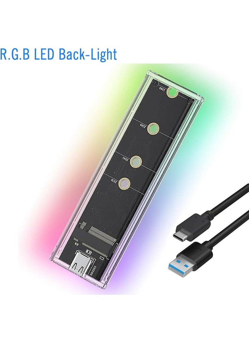 علبة M.2 NVMe SSD خارجية بمنفذ USB-C 3.1، تصميم شفاف بدون أدوات بإضاءة RGB، سرعة نقل 10 جيجابت، متوافقة مع أقراص 2230/2240/2280