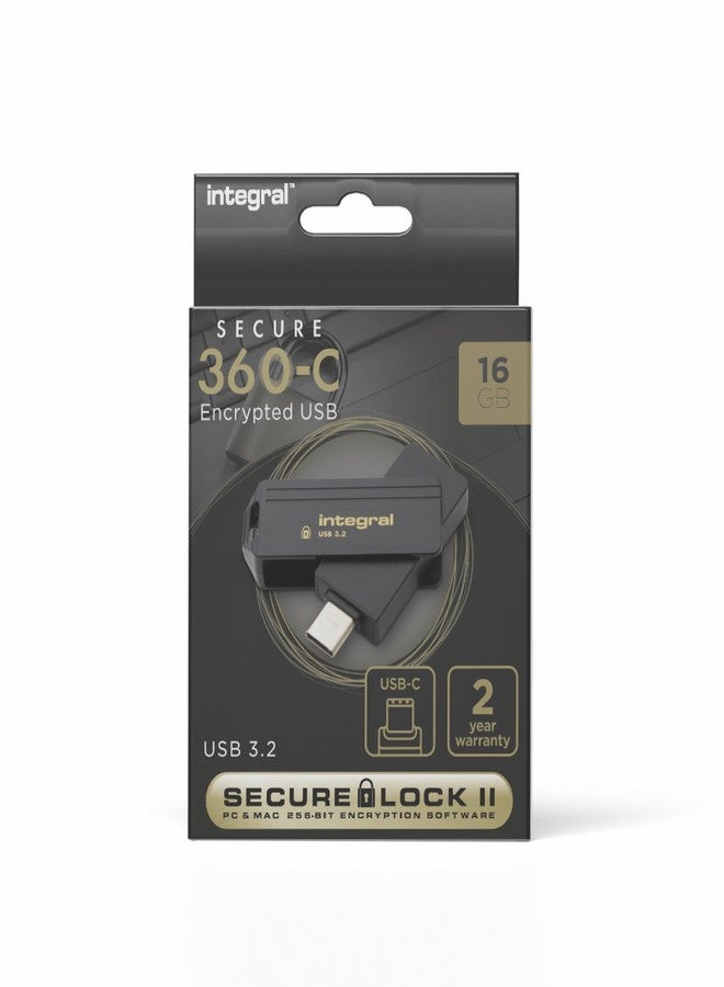 Integral Secure 360-C 16GB Software Encrypted USB Flash Drive - USB-C Connector - 256-bit AES encryption - Compatible with Mac, MacBook, PC, laptop - Image 1