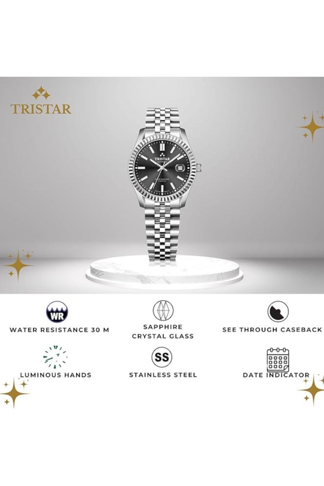 Tristar ساعة أوتوماتيكية يابانية للرجال من سلسلة RD بقرص أسود وسوار من الفولاذ المقاوم للصدأ - Image 4