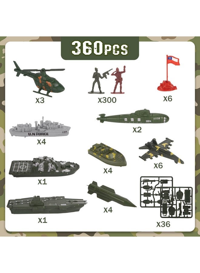 3 otters 3 قناديل 360 قطعة مجموعة رجال الجيش العسكرية، جنود لعبة رجال الجيش شخصيات عسكرية بلاستيكية حاملة طائرات سفن حربية غواصات وإكسسوارات أخرى للأطفال - Image 3