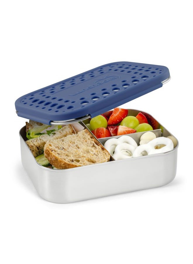 LunchBots Medium Trio II Snack Container - Divided Stainless Steel Food Container - Three Sections for Snacks On the Go - Eco-Friendly, Dishwasher Safe, BPA-Free - Stainless Lid - Blue Dots - Image 1