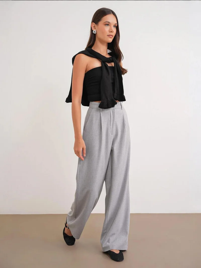 MixRay Grey Mixray High Waist Palazzo Pants with Pockets for Women | Best Price UAE
