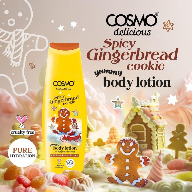 COSMO كريم الجسم كوزمو لذيذ بسبايس زنجبيل مع زبدة الشيا ترطيب نقي 400 مل، مرطبات مغذية وغير دهنية وخفيفة الوزن وسريعة الامتصاص، لجميع أنواع البشرة. رائحة دافئة بالتوابل. - Image 2