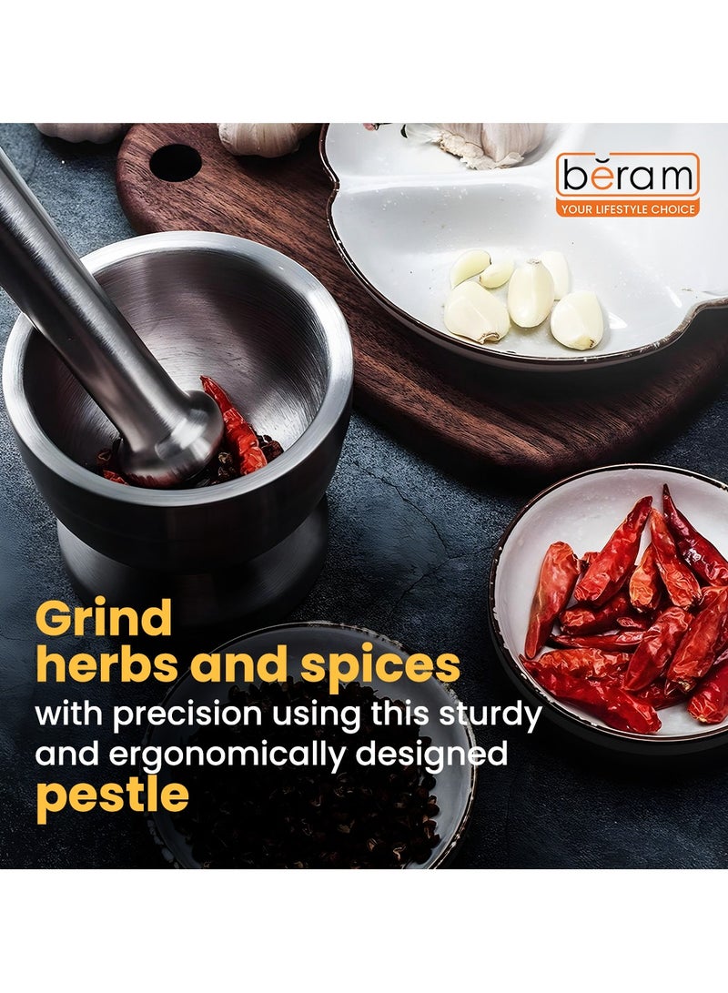 BERAM Pestle and Mortar Set Manual Grinder with Lid Premium Stainless Steel Mixing Bowl for Garlic Spices Herbs Durable Sturdy Long Lasting and Easy Cleaning, 12 CM - Image 2