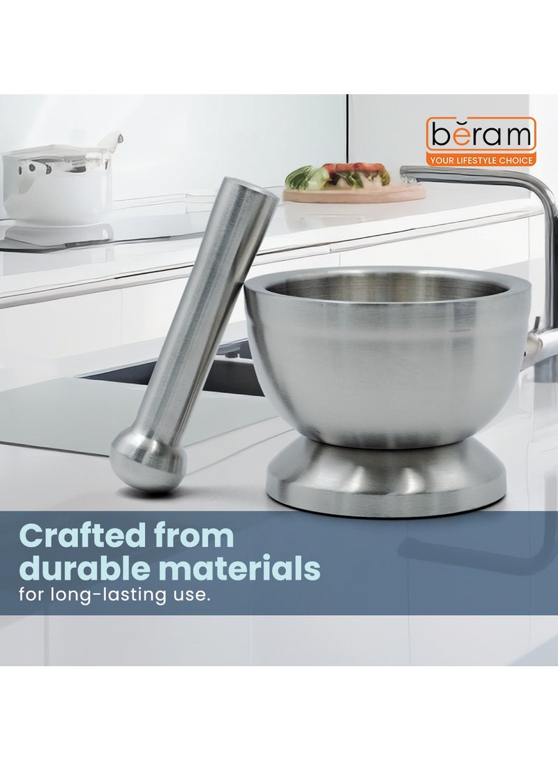 BERAM Pestle and Mortar Set Manual Grinder with Lid Premium Stainless Steel Mixing Bowl for Garlic Spices Herbs Durable Sturdy Long Lasting and Easy Cleaning, 12 CM - Image 4
