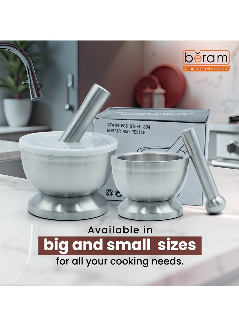 BERAM Pestle and Mortar Set Manual Grinder with Lid Premium Stainless Steel Mixing Bowl for Garlic Spices Herbs Durable Sturdy Long Lasting and Easy Cleaning, 12 CM - Image 3