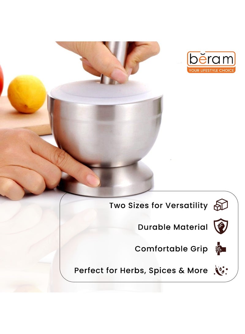 BERAM Pestle and Mortar Set Manual Grinder with Lid Premium Stainless Steel Mixing Bowl for Garlic Spices Herbs Durable Sturdy Long Lasting and Easy Cleaning, 12 CM - Image 5