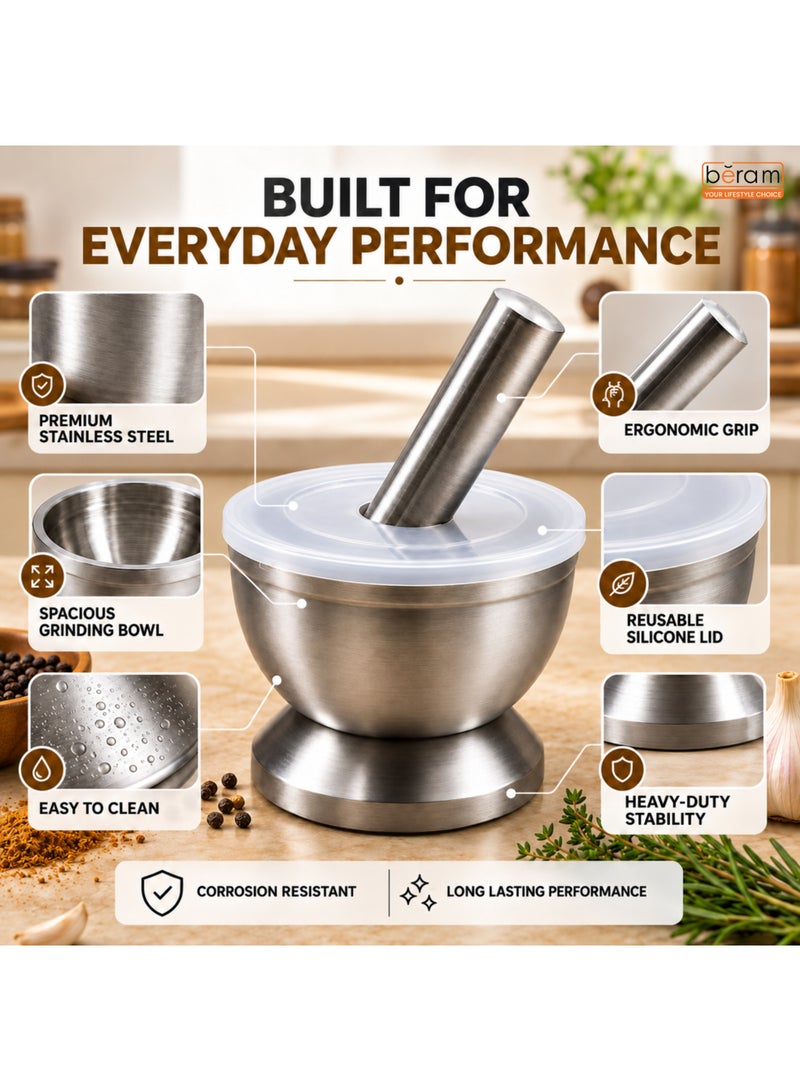 BERAM Pestle and Mortar Set Manual Grinder with Lid Premium Stainless Steel Mixing Bowl for Garlic Spices Herbs Durable Sturdy and Long Lasting with Easy Cleaning (12 CM) - Image 5
