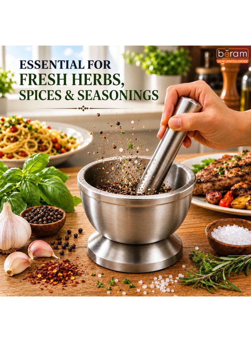 BERAM Pestle and Mortar Set Manual Grinder with Lid Premium Stainless Steel Mixing Bowl for Garlic Spices Herbs Durable Sturdy and Long Lasting with Easy Cleaning (12 CM) - Image 3