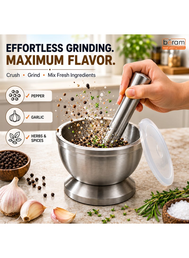 BERAM Pestle and Mortar Set Manual Grinder with Lid Premium Stainless Steel Mixing Bowl for Garlic Spices Herbs Durable Sturdy and Long Lasting with Easy Cleaning (12 CM) - Image 2