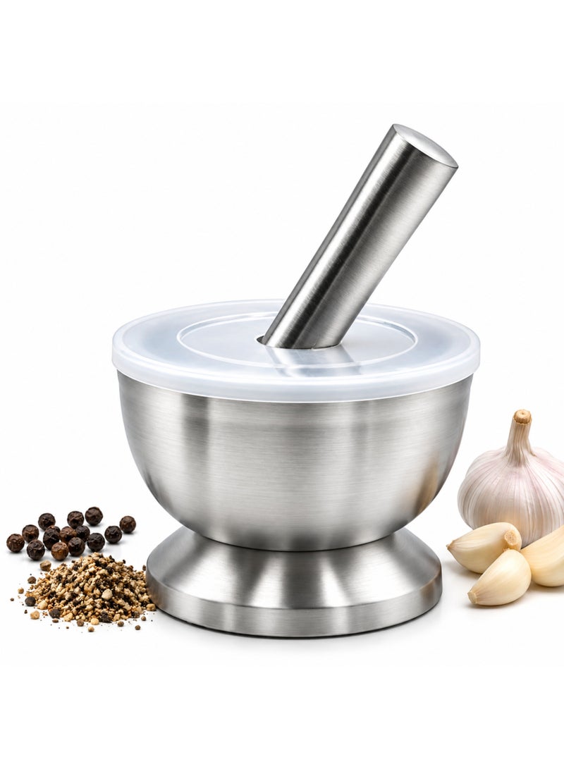 BERAM Pestle and Mortar Set Manual Grinder with Lid Premium Stainless Steel Mixing Bowl for Garlic Spices Herbs Durable Sturdy and Long Lasting with Easy Cleaning (12 CM) - Image 1