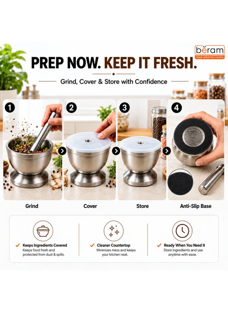 BERAM Pestle and Mortar Set Manual Grinder with Lid Premium Stainless Steel Mixing Bowl for Garlic Spices Herbs Durable Sturdy and Long Lasting with Easy Cleaning (12 CM) - Image 4