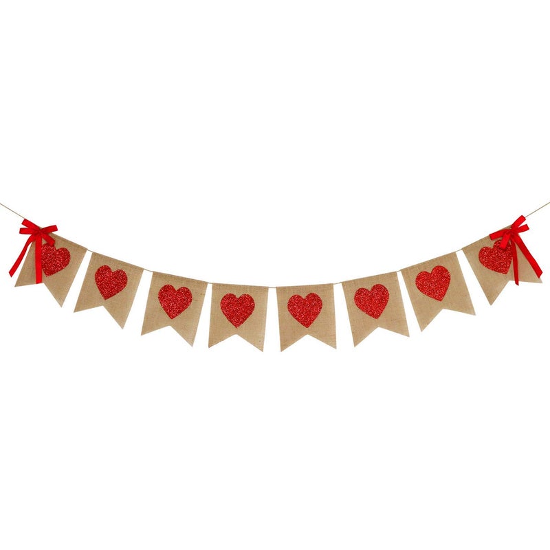 Partyprops Burlap Heart Banner Garland | Red Glitter Heart | Valentine's Day Decorations| Rustic Valentines Decor | Valentines Burlap Banner | Wedding Anniversary Birthday Party Decorations Supplies - Image 1