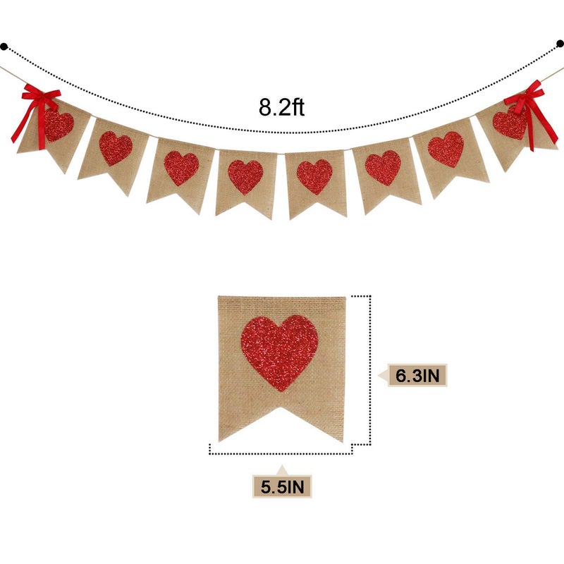 Partyprops Burlap Heart Banner Garland | Red Glitter Heart | Valentine's Day Decorations| Rustic Valentines Decor | Valentines Burlap Banner | Wedding Anniversary Birthday Party Decorations Supplies - Image 3