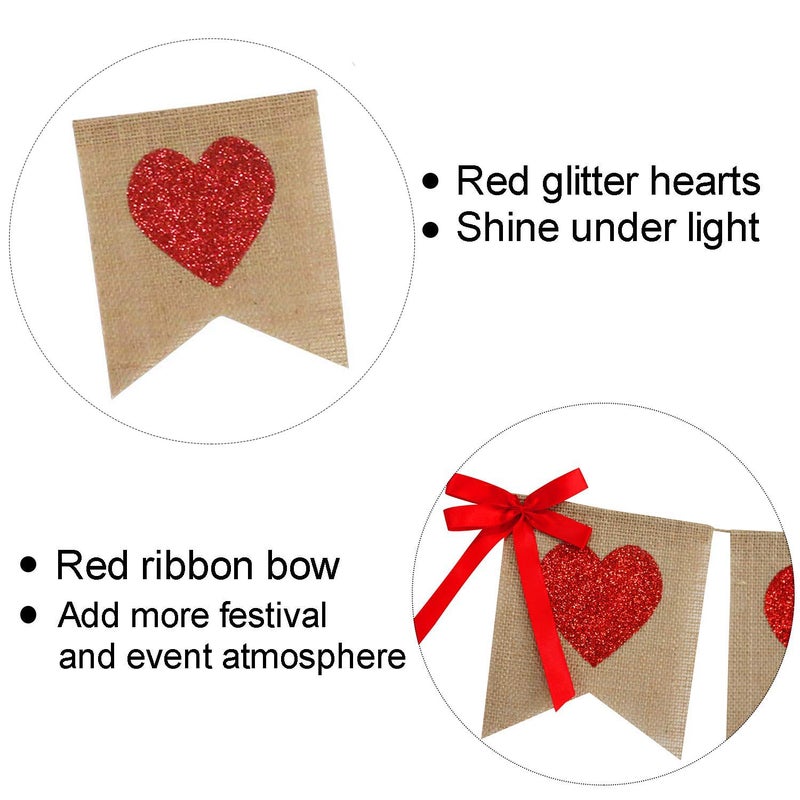 Partyprops Burlap Heart Banner Garland | Red Glitter Heart | Valentine's Day Decorations| Rustic Valentines Decor | Valentines Burlap Banner | Wedding Anniversary Birthday Party Decorations Supplies - Image 4