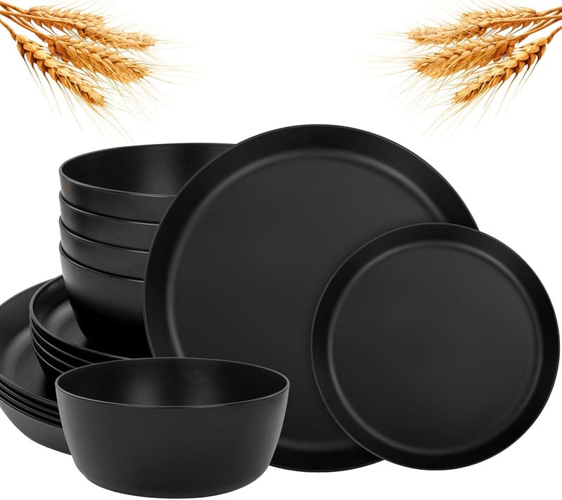 ejonirinjonir EI 12pcs Wheat Straw Dinnerware Set of 4Plates and Bowls SetsPlastic Plate Reuasble UnbreakableHeavy Duty Plastic Plates for CampingPicnincFamily Dinner - Image 1