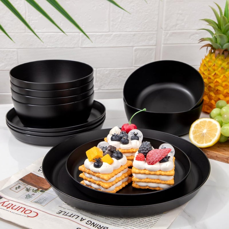 ejonirinjonir EI 12pcs Wheat Straw Dinnerware Set of 4Plates and Bowls SetsPlastic Plate Reuasble UnbreakableHeavy Duty Plastic Plates for CampingPicnincFamily Dinner - Image 3