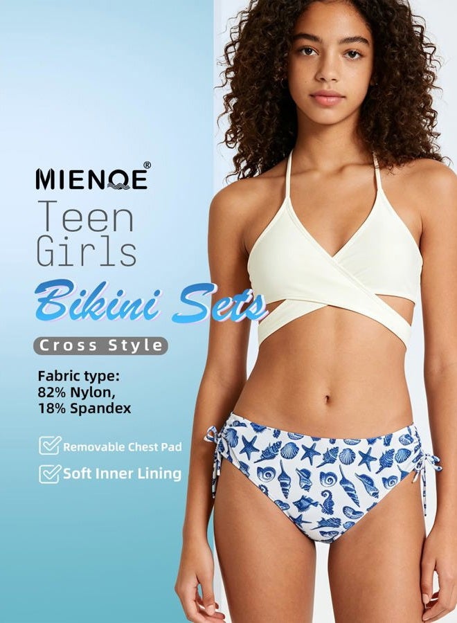 MIENOE Teen Girls' Swimsuits Two-Piece V-Neck Bikini Adjustable Shoulder Straps Swimsuit Kids Bikini with Chest Pad, White -️︎ Cross Style, 10-11 Years - Image 2