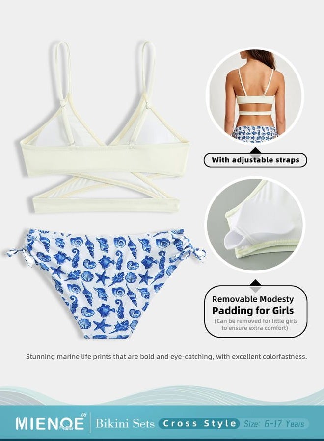 MIENOE Teen Girls' Swimsuits Two-Piece V-Neck Bikini Adjustable Shoulder Straps Swimsuit Kids Bikini with Chest Pad, White -️︎ Cross Style, 10-11 Years - Image 3