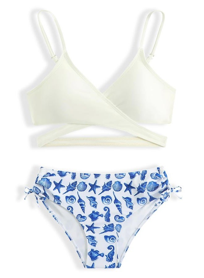 MIENOE Teen Girls' Swimsuits Two-Piece V-Neck Bikini Adjustable Shoulder Straps Swimsuit Kids Bikini with Chest Pad, White -️︎ Cross Style, 10-11 Years - Image 1