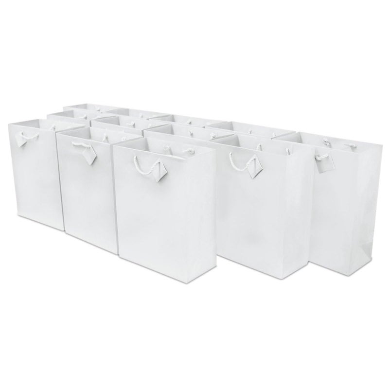 OccasionALL Medium White Gift Bags with Handles Glossy Christmas Tote Holiday Wrap Weddings Baby Showers Party Favors Bulk 75x35x9 12 Pack