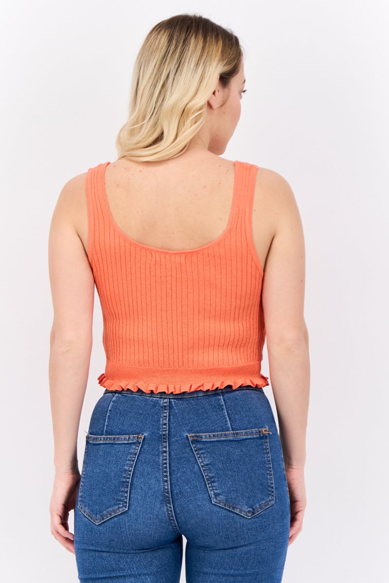 MANGO Women Round Neck Sleeveless Plain Tank Top, Orange  - Image 3