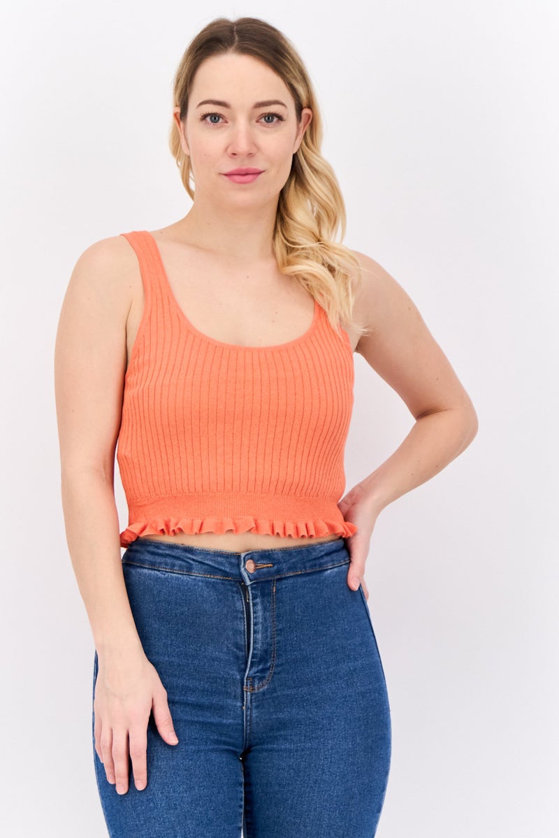 MANGO Women Round Neck Sleeveless Plain Tank Top, Orange  - Image 1